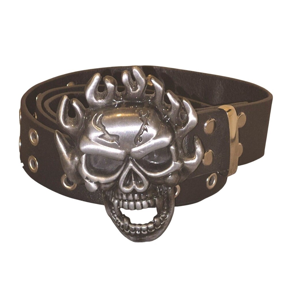 Skull Belt Buckle W/ Double Grommet Belt 41" Vintage Goth metal Men Women